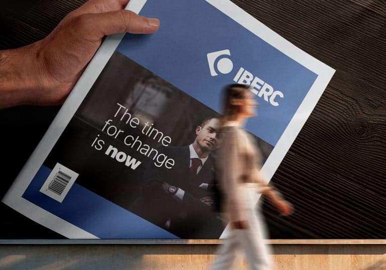 Print campaign: an IBERC newspaper cover reading “The time for change is now”.