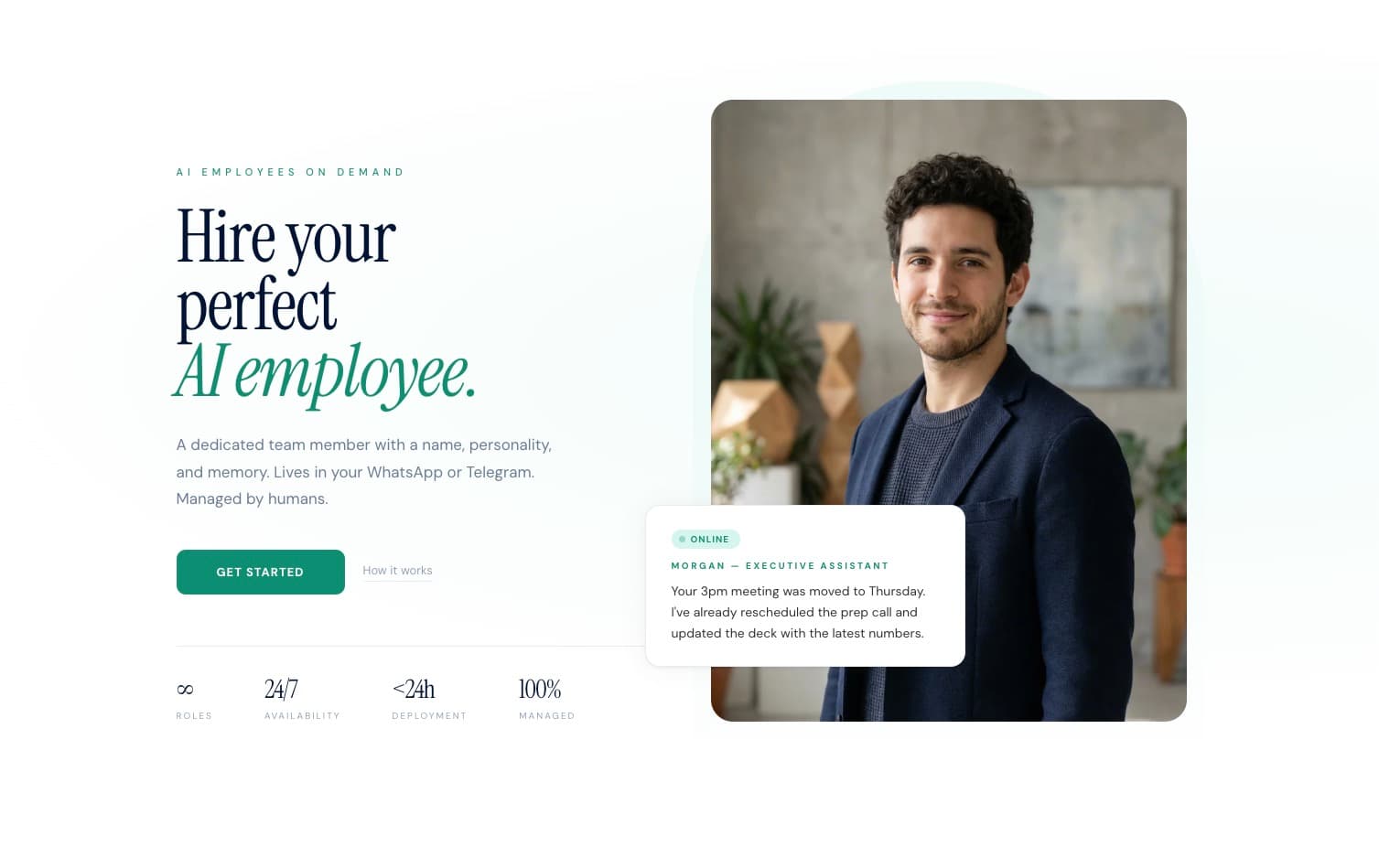 Landing page for an AI employees product: “Hire your perfect AI employee”.