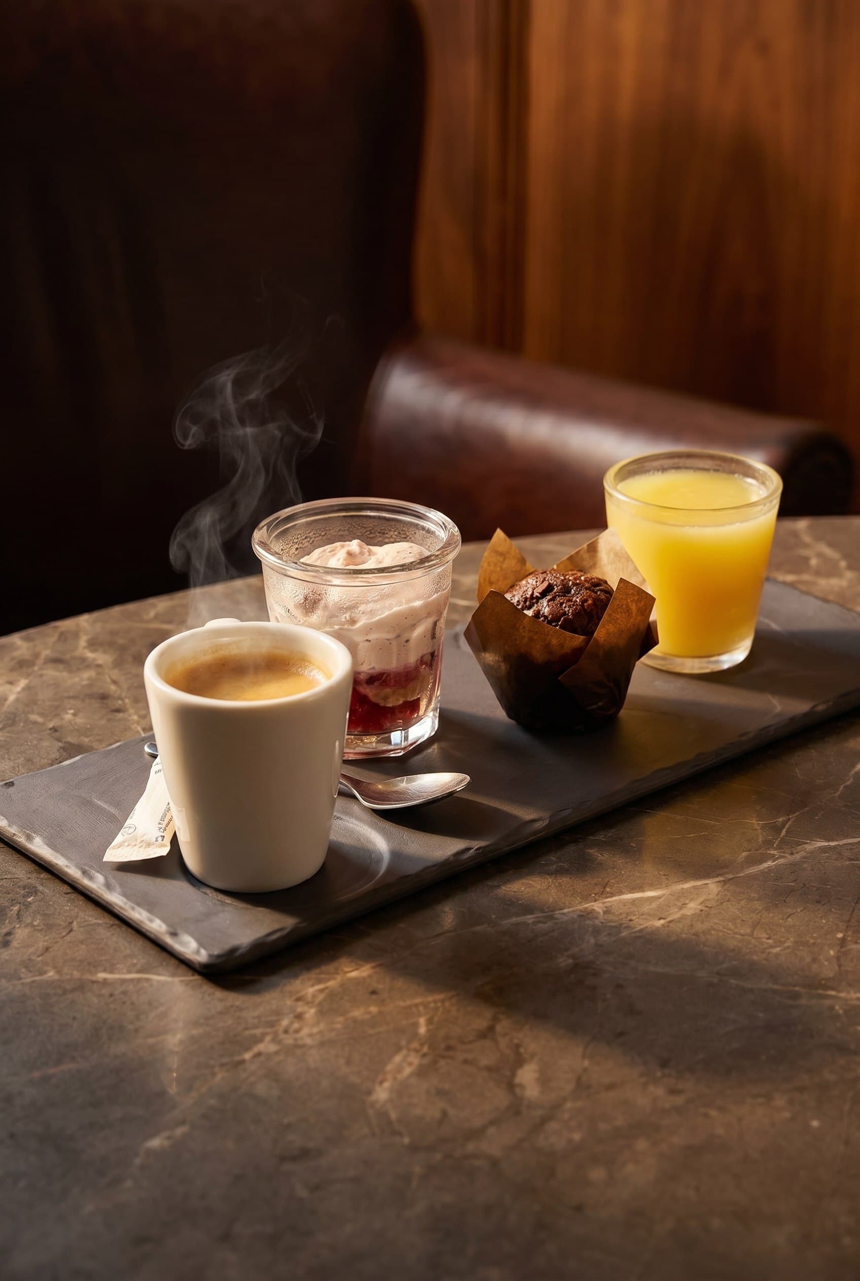 Café gourmand arranged on a marble table in a warm café interior