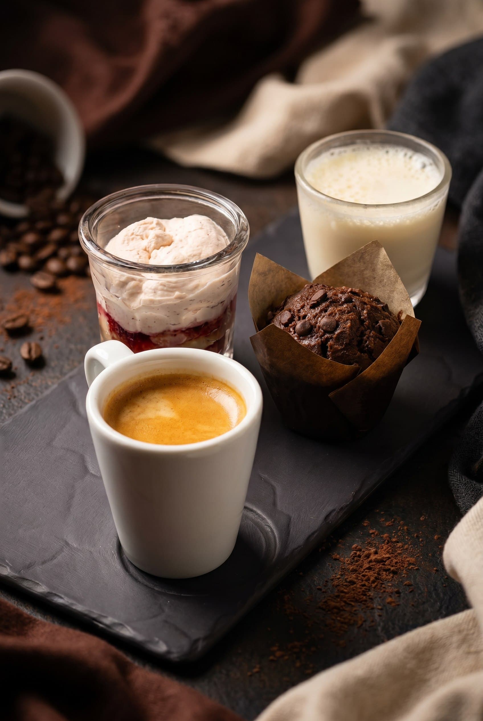 Art-directed café gourmand with espresso, cream dessert, chocolate muffin, and pale drink on a dark wooden table