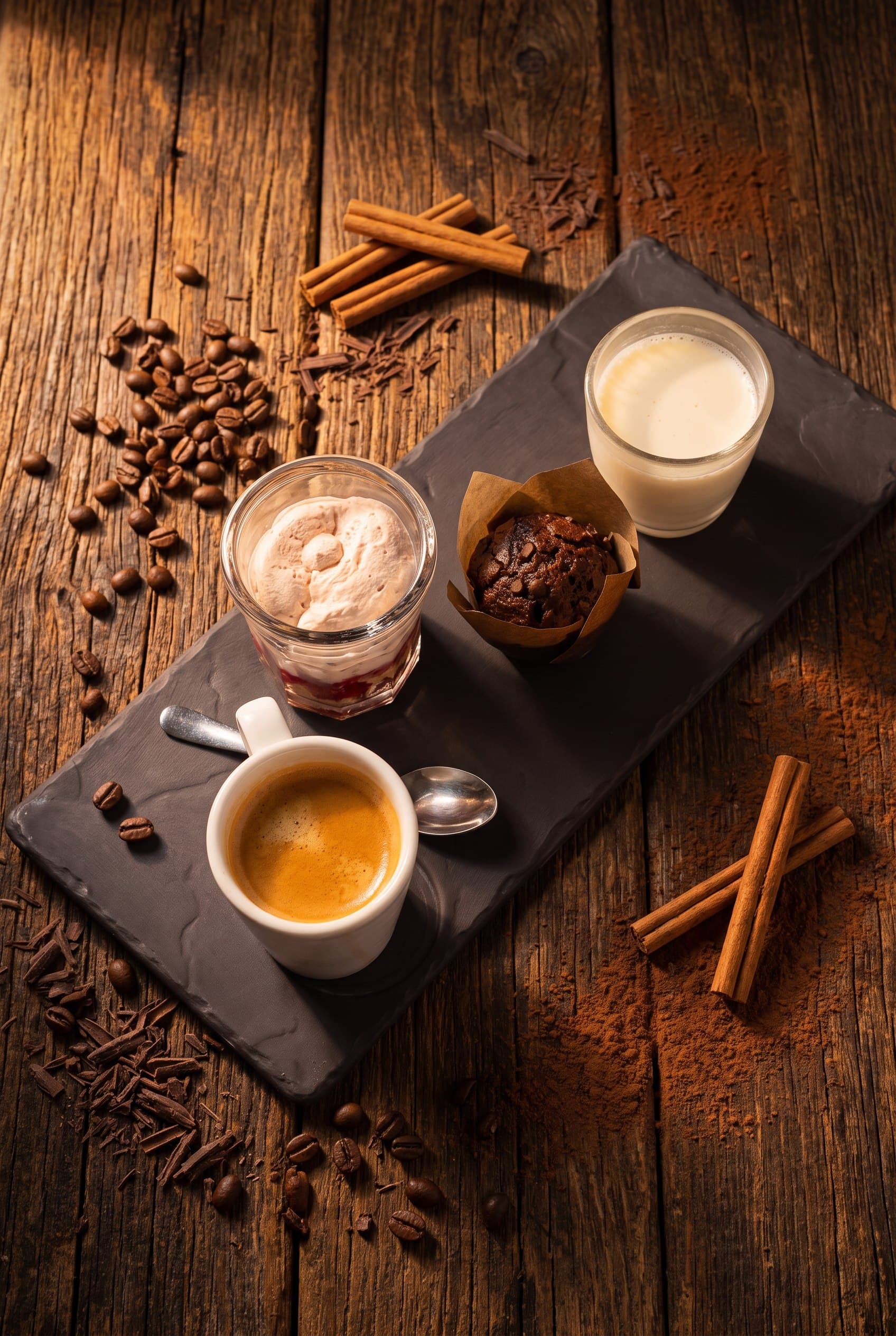 Top-down campaign photograph of a café gourmand on a rustic wooden table