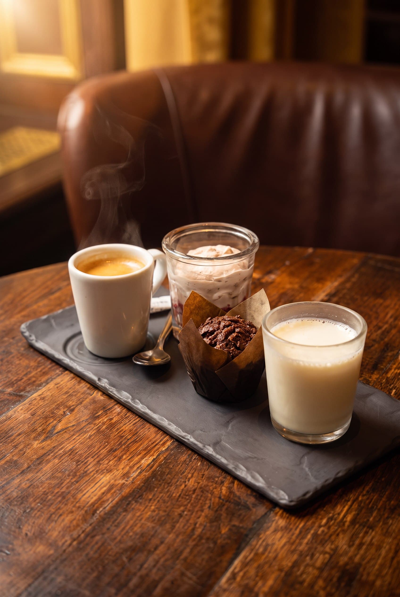 Vertical café campaign photograph of the complete café gourmand on a wooden table
