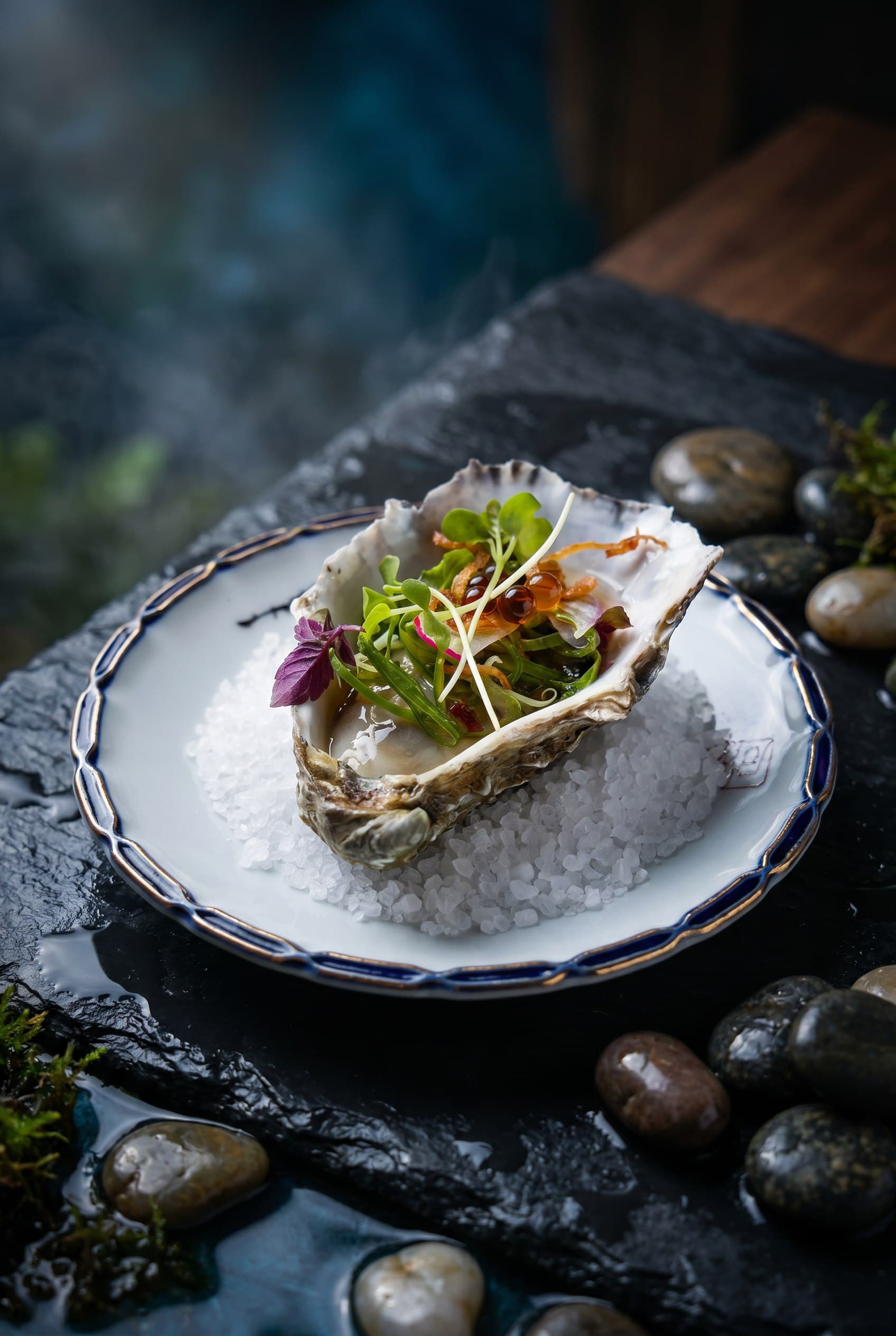Oyster dish presented among dark stones in a moody teal setting