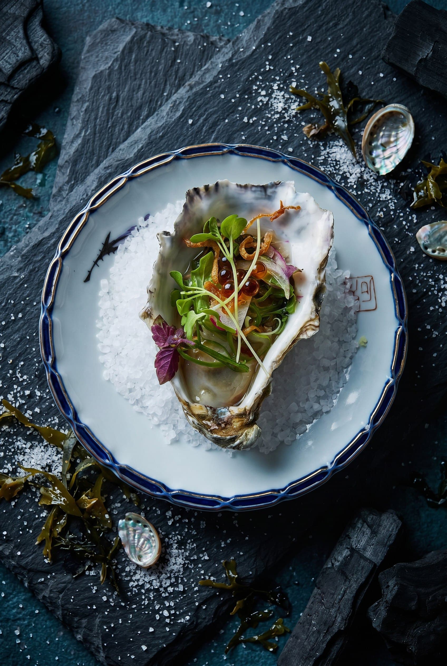 Top-down campaign image of an oyster dish on dark slate with seaweed, shells, and salt