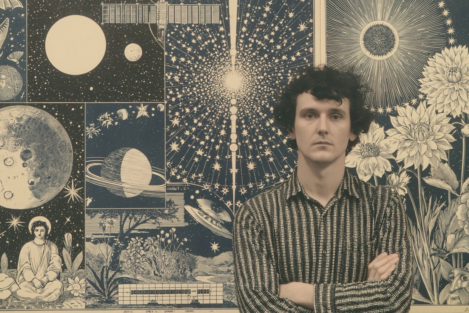A lone figure standing against a vintage celestial engraving of planets, stars, and flowers.